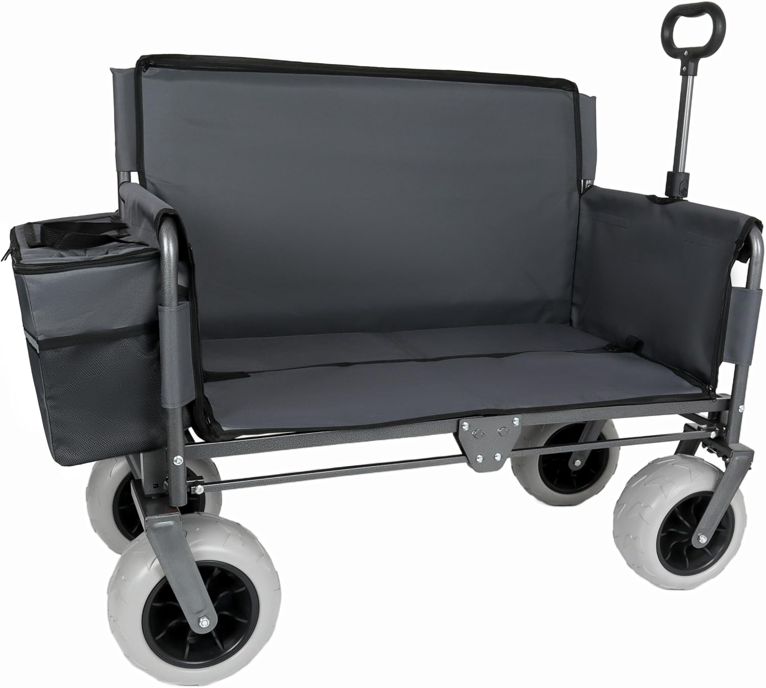 Gray Collapsible Wagon, Bench Seat & Storage, All-Terrain 9'x4' Beach Tires, Steel Frame, Folding Camping Cart for Beach, Sports, Fish, 40.94x20.47x44.29 in