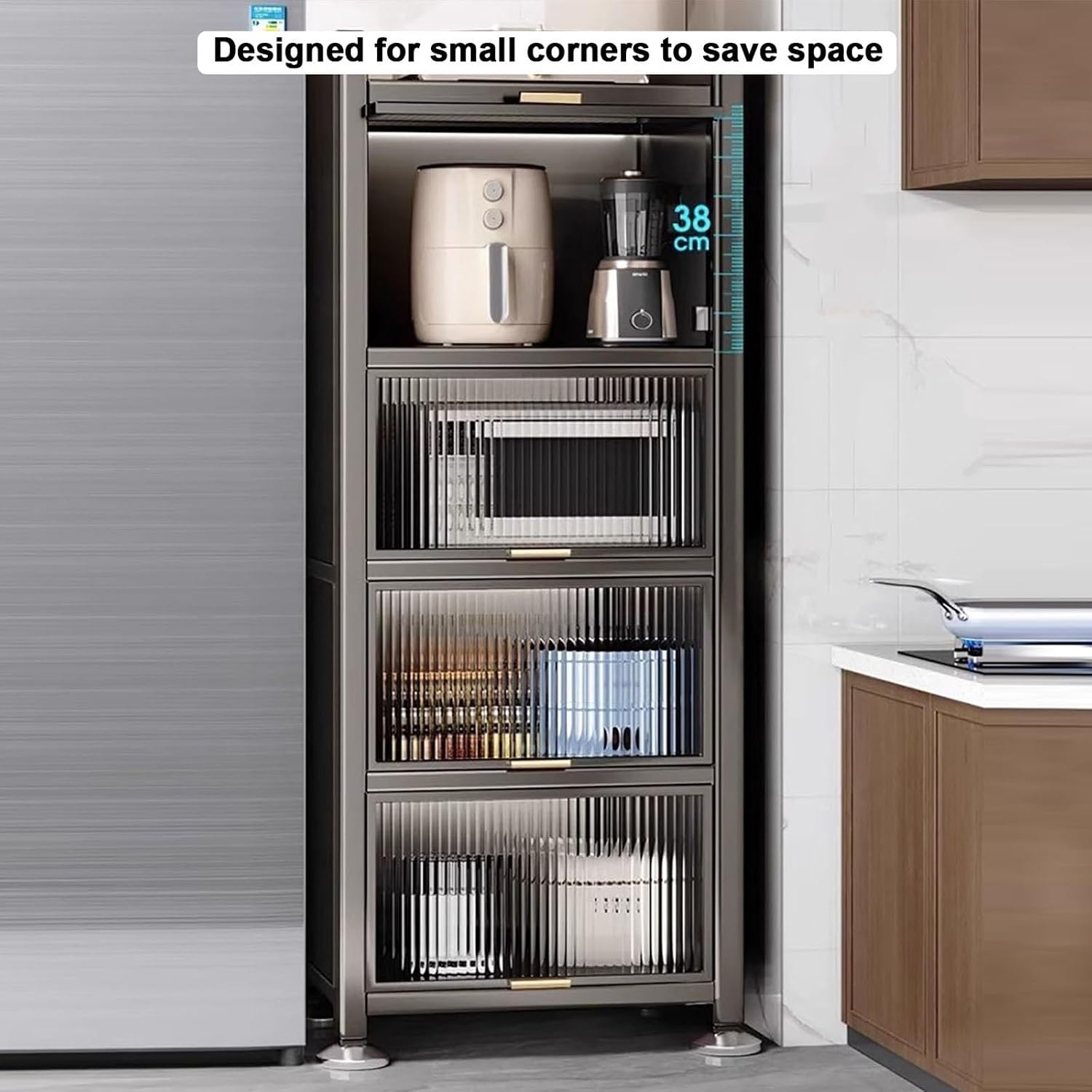 Coffee Bar Cabinet with Drawer, 4/5-Tier Microwave Stand, Kitchen Bakers Rack, Stylish Transparent Flip Door, Ideal for Dining Room Living Room,4,Layers,45cm/17.7in