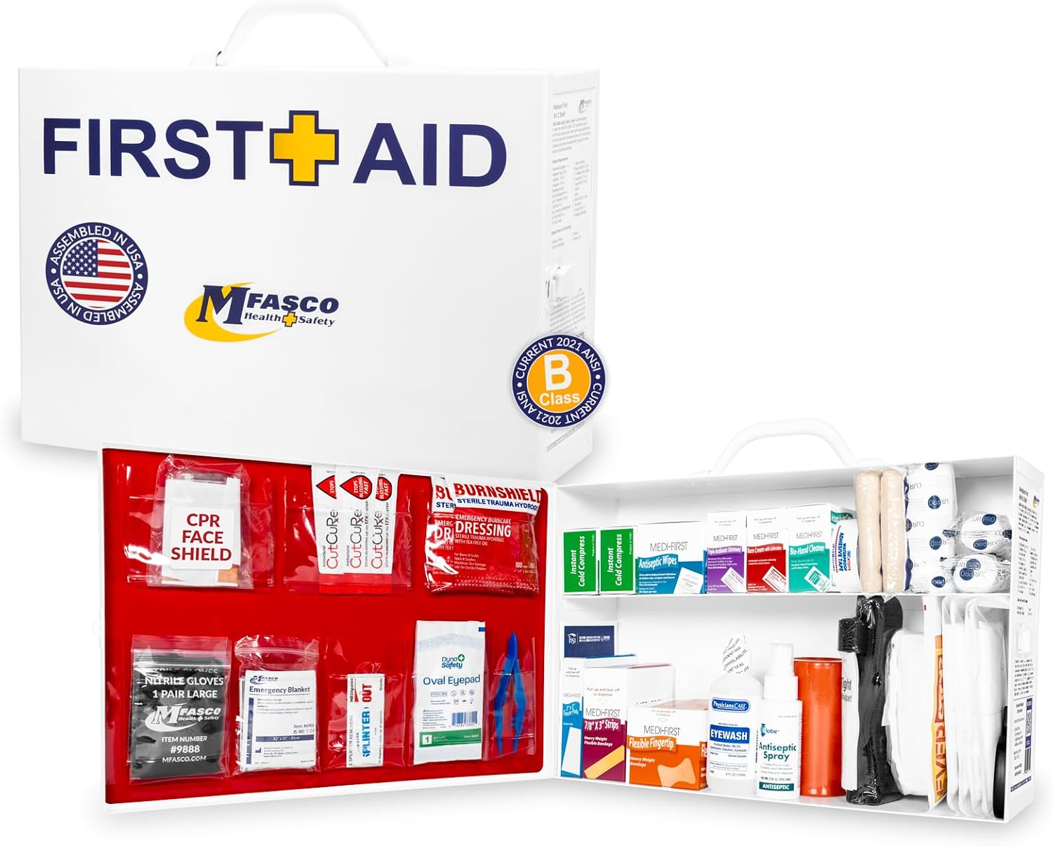MFASCO 2 Shelf First Aid Cabinet - ANSI/OSHA Class B Type I & II - Medi First Brand Bandages - Carry or Wall Mount - Easy Restock & Refill - - White Enamel Finish - 226 Pcs - 16'x11'x4 7/8'