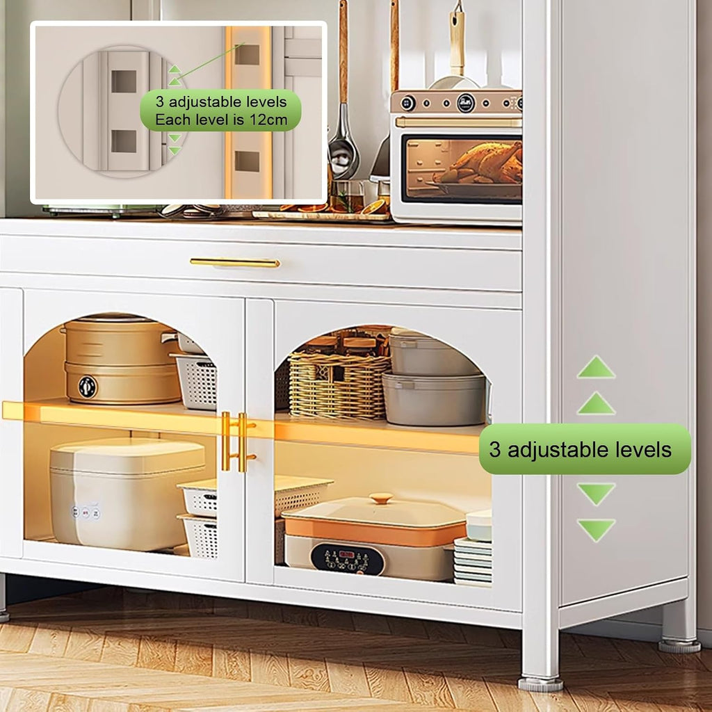 Kitchen Bakers Rack with Storage, Standing Kitchen Storage Rack with Drawer, Microwave Stand with 3 Hooks, Large Capacity(White,80cm)