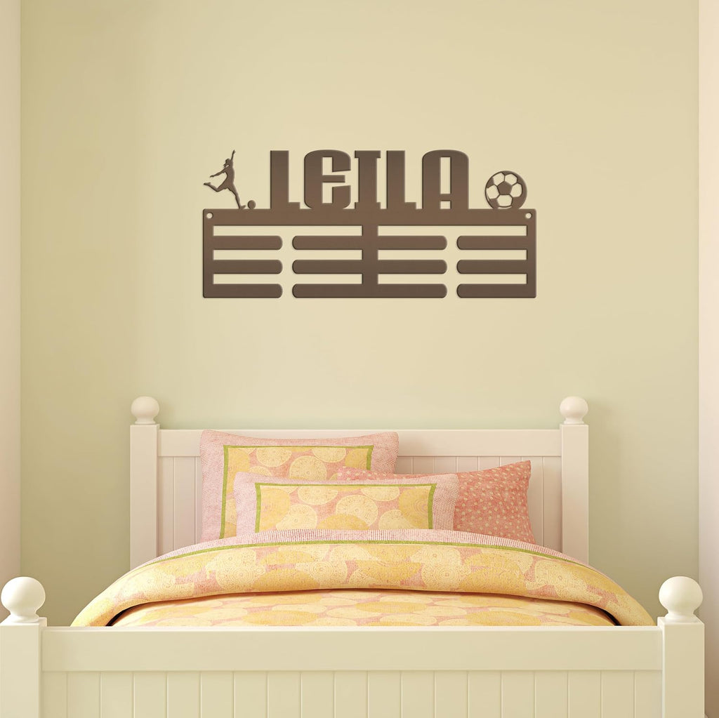 Medal Holder, Personalized Award Wall Rack, Metal Custom Name Hanging Display for Soccer Awards - Boys and Girls Sports Bedroom Sign (30 x 17 inches)