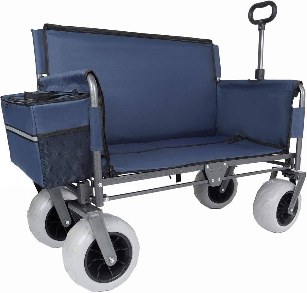 Dark Blue Collapsible Wagon, Bench Seat & Storage, All-Terrain Wheels, Steel Frame, Folding Camping Cart for Beach, Sports, Fish, 40.94x20.47x44.29 in
