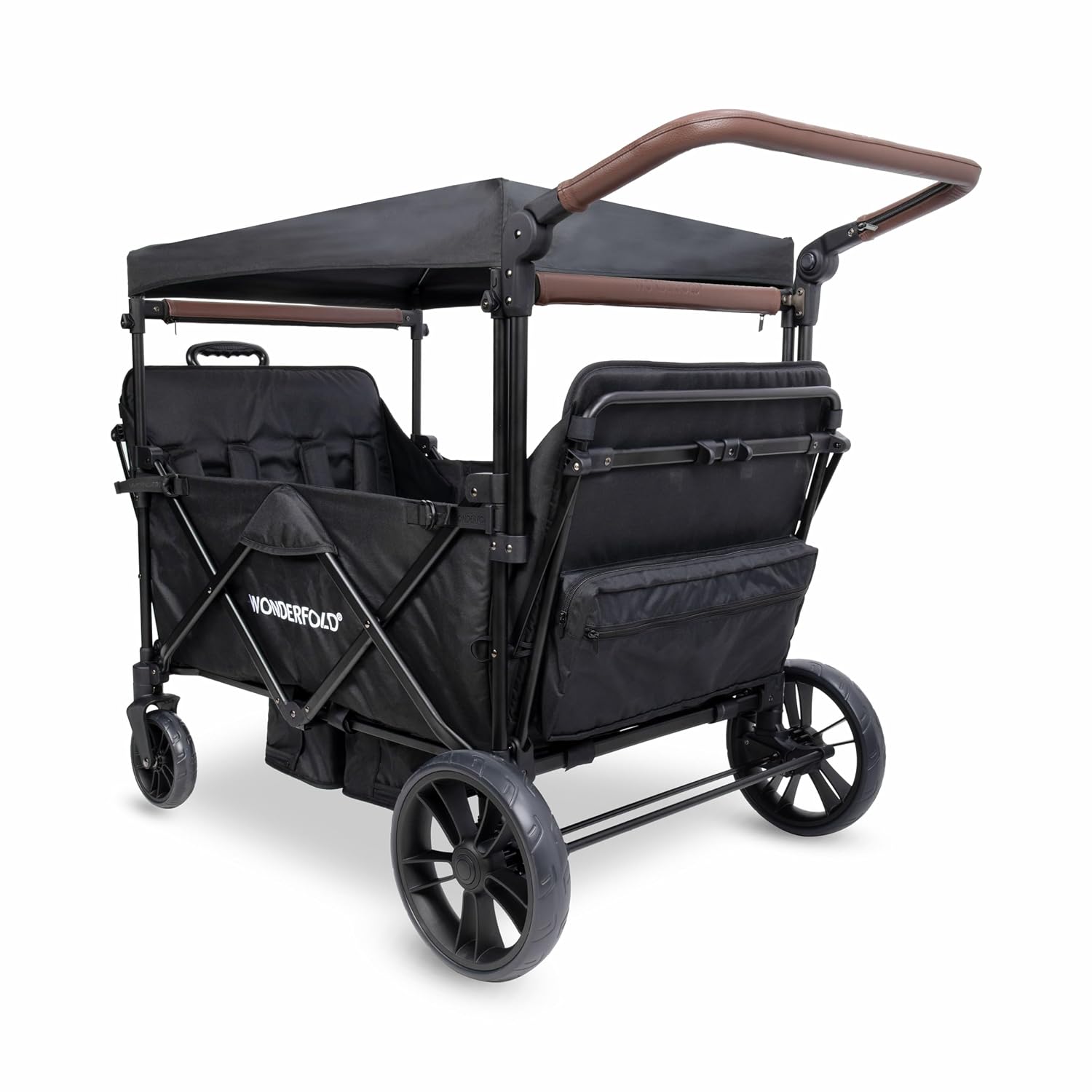 WONDERFOLD X4R Rev Stroller Wagon (4 Seater) - Collapsible Stroller Wagon with 5-Point Seatbelt Harnesses, Reclining Seats & Footwells, Black