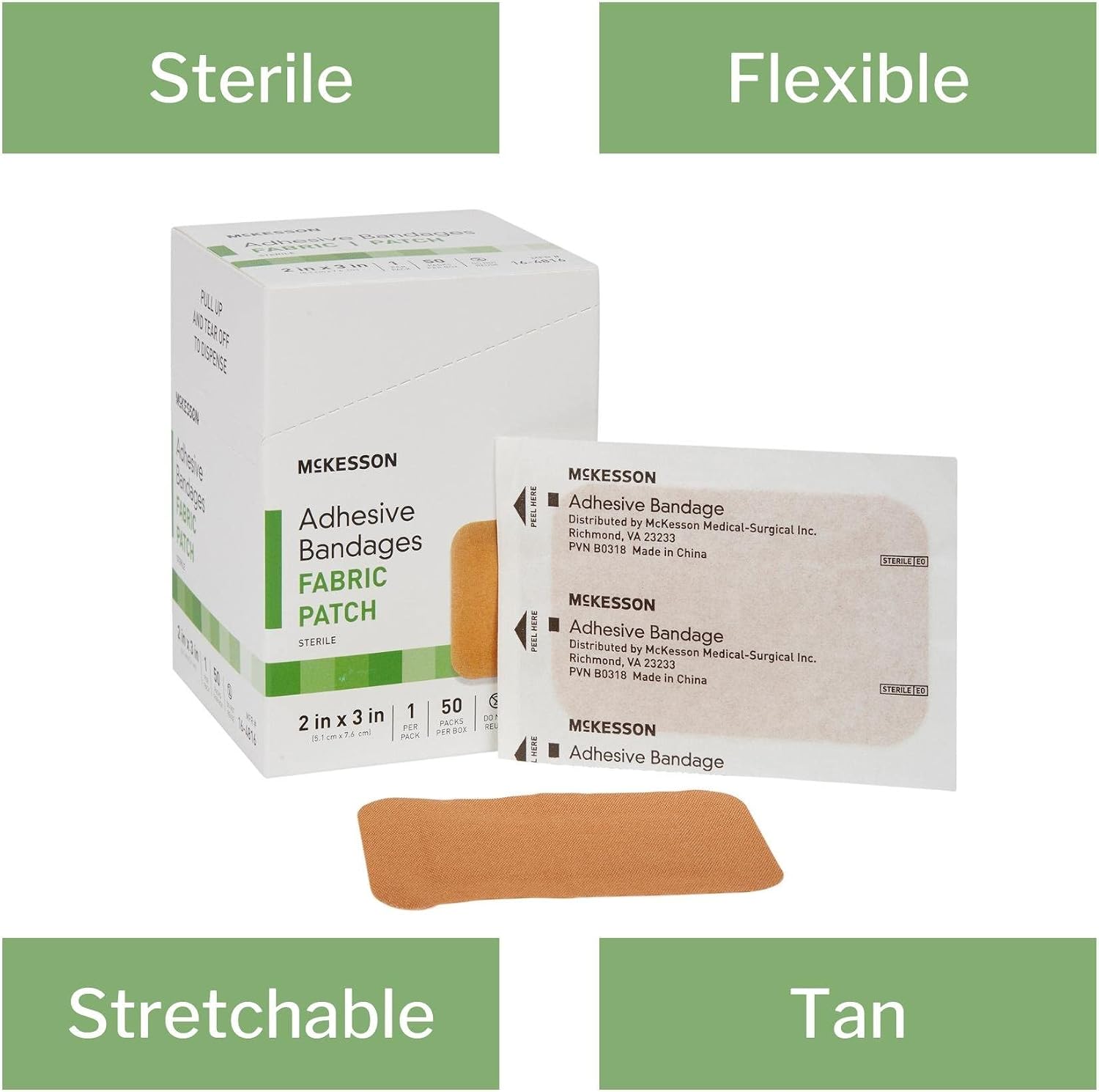 McKesson Adhesive Bandages, Sterile, Fabric Patch, 2 in x 3 in, 50 Count, 24 Packs, 1200 Total