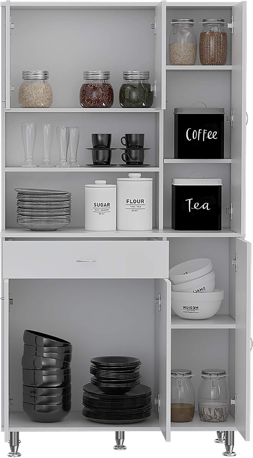 66' 10 Shelves & 1 Drawer Freestanding Storage Cabinet, Kitchen Storage Bakers Rack with 6 Covered Doors, Utility Food Cupboard for Home Kitchen Areas, White