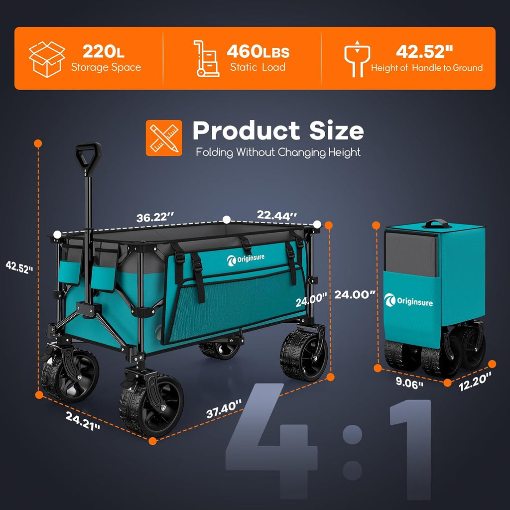 Originsure 220L Collapsible Wagon Cart Foldable, 460lbs Load Capacity Heavy Duty Folding Beach Wagons with Big All-Terrain Wheels, Utility Carts for Groceries, Camping, Sports - Grey&Turquoise