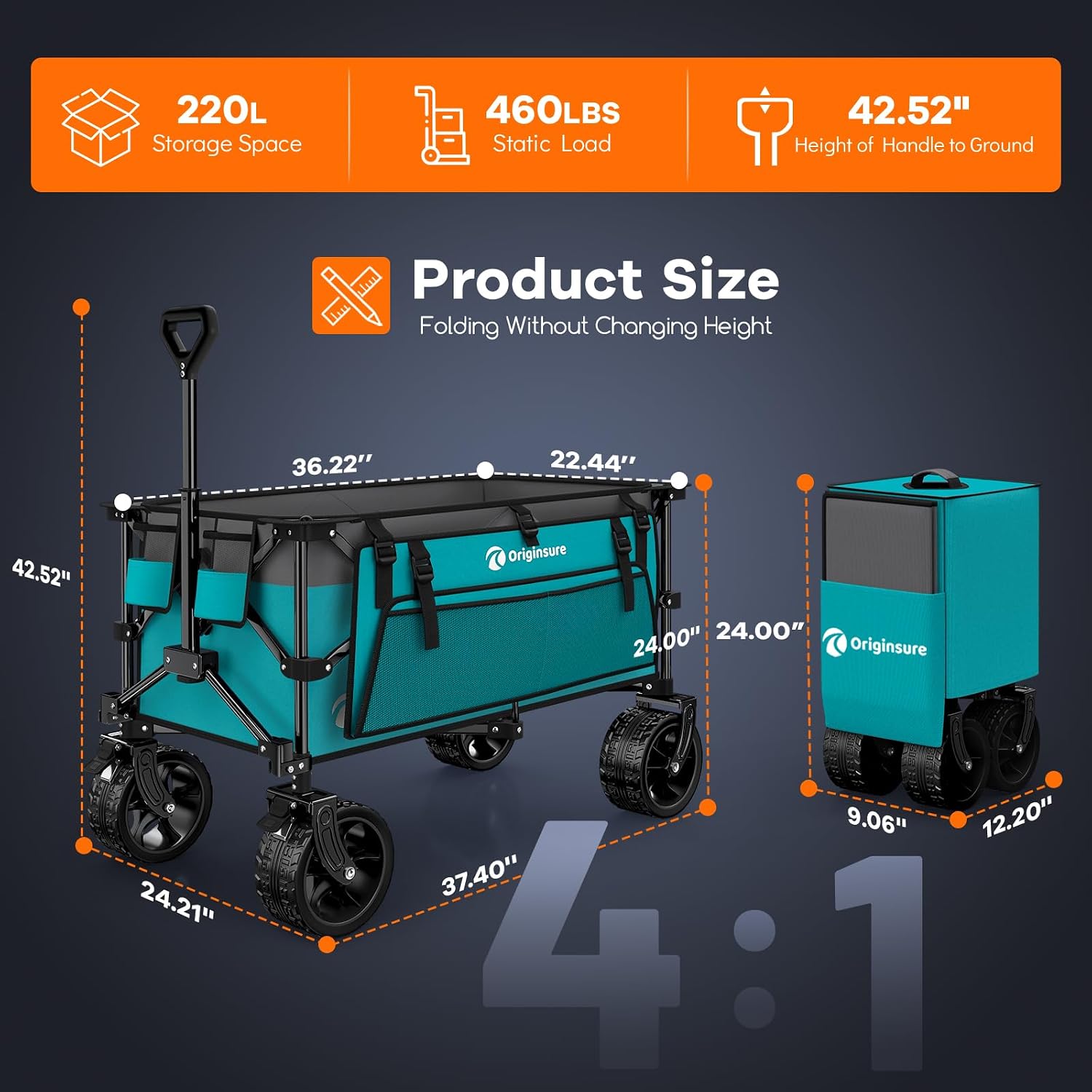 Originsure 220L Collapsible Wagon Cart Foldable, 460lbs Load Capacity Heavy Duty Folding Beach Wagons with Big All-Terrain Wheels, Utility Carts for Groceries, Camping, Sports - Grey&Turquoise