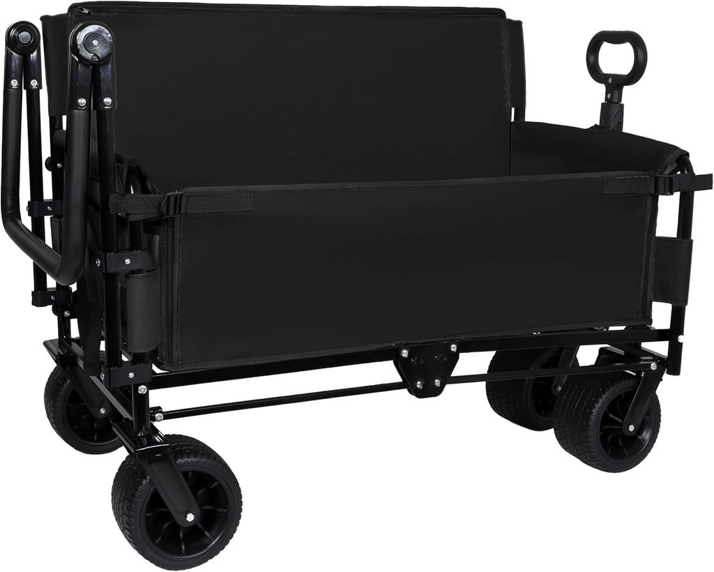 3-in-1 Heavy-Duty Folding Wagon Cart with Bench Seat, UV Canopy & 180L Storage – 500lbs Capacity All-Terrain Utility Cart for Camping, Beach, Sports & Garden (Black)
