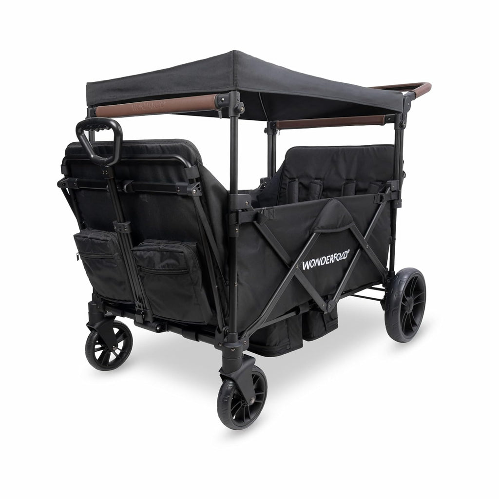 WONDERFOLD X4R Rev Stroller Wagon (4 Seater) - Collapsible Stroller Wagon with 5-Point Seatbelt Harnesses, Reclining Seats & Footwells, Black