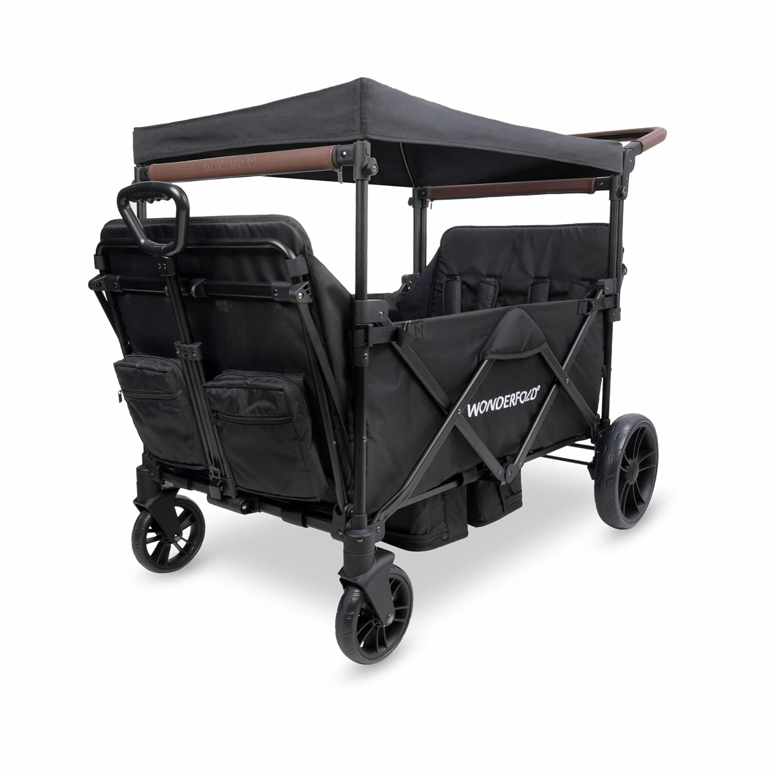 WONDERFOLD X4R Rev Stroller Wagon (4 Seater) - Collapsible Stroller Wagon with 5-Point Seatbelt Harnesses, Reclining Seats & Footwells, Black