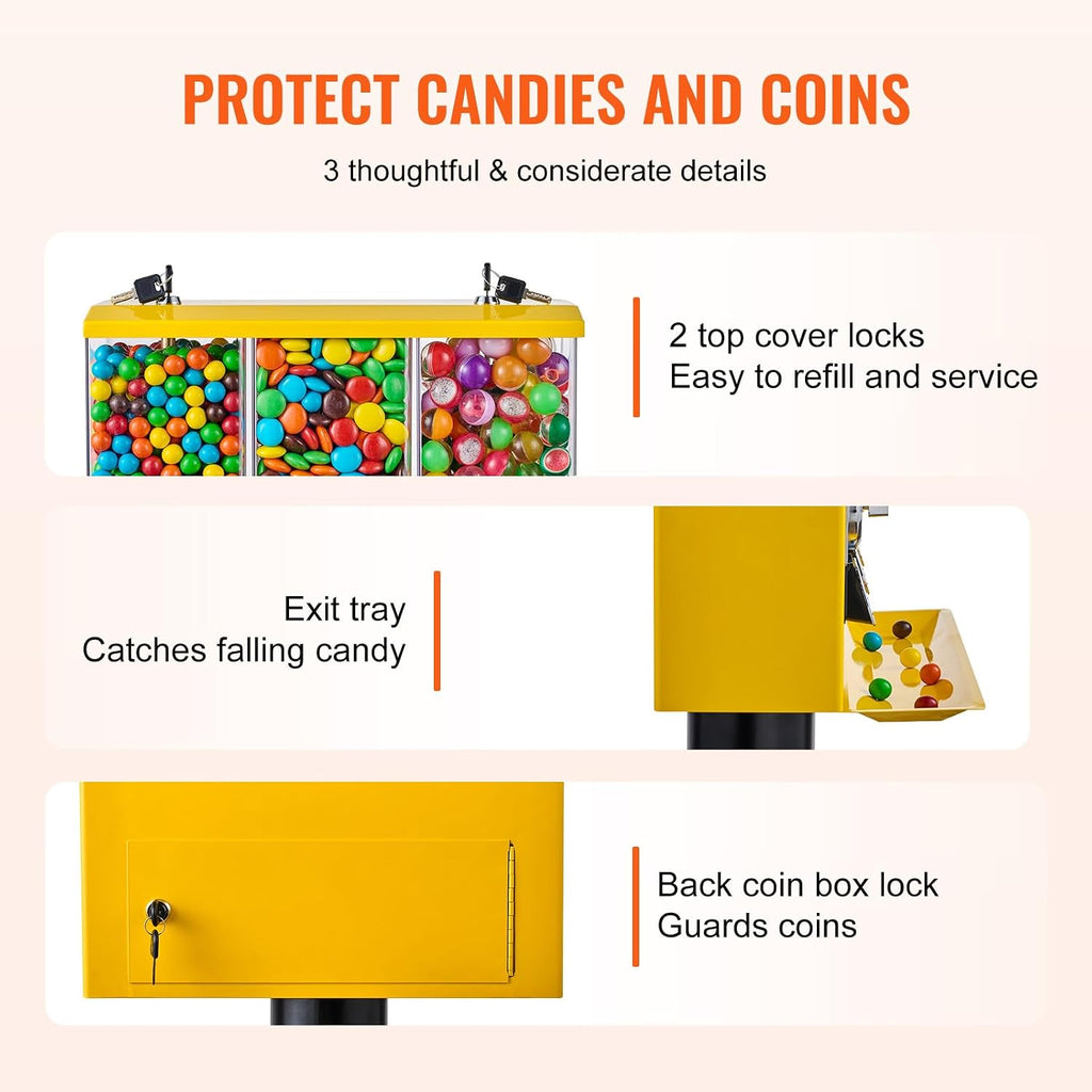VEVOR Commercial Vending Machine, Triple Compartment Candy Dispenser with Iron Stand, Gumball and Candy Machine for Business, Coin Operated Gumball Bank for Toy Capsules Bouncy Balls Candy Nut, Yellow