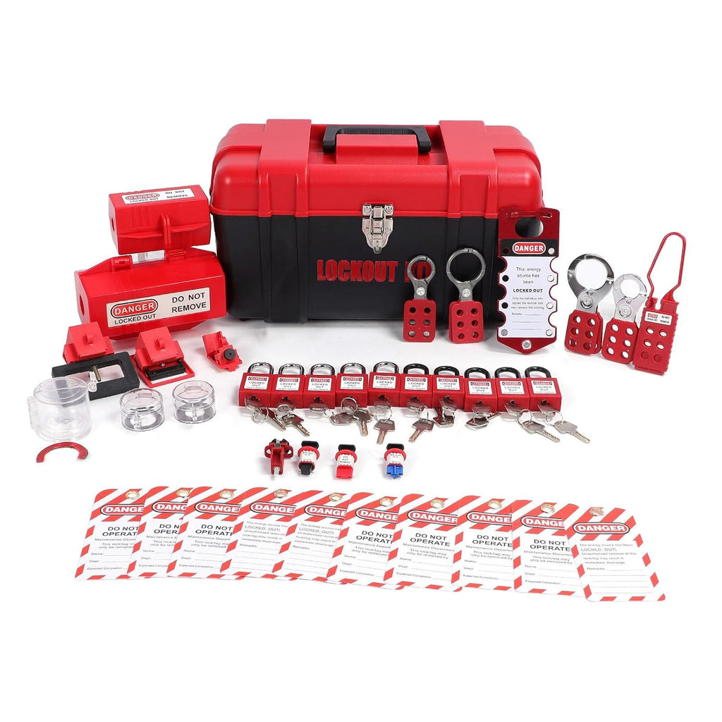 Electrical Lockout Tagout Kit Group Lockout Hasps Universal Clamp On Circuit Breaker Lock Loto Safety Padlock Set with Tool Box for Industry