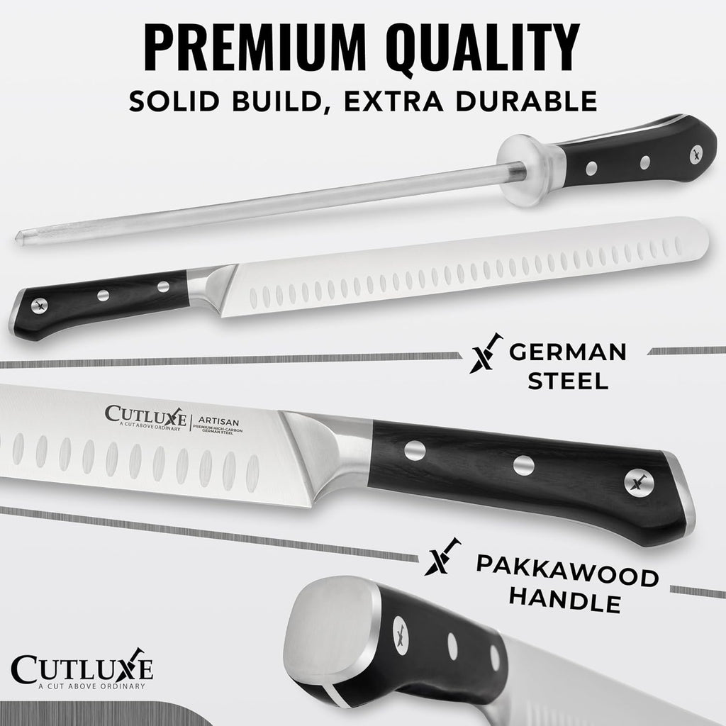 Cutluxe Butcher Knife Set – BBQ Brisket, Breaking and Boning Knives, Honing Rod – Carving Knife Set for Meat Cutting, Ultra Sharp German Steel, Full Tang, Ergonomic Handles – Artisan Series
