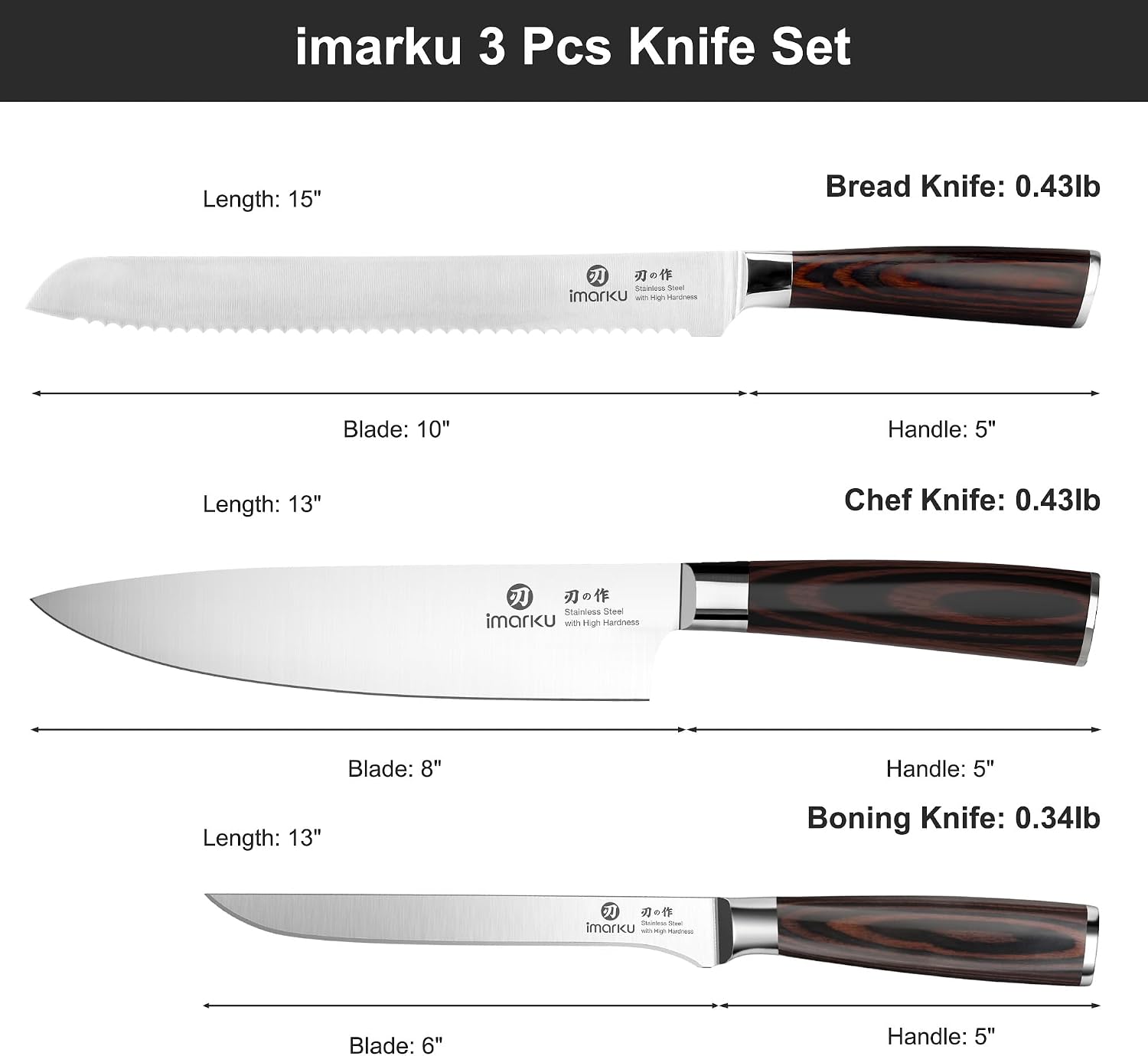 imarku 3 Piece Knife Set, Professional Japanese High Carbon Stainless Steel Chef Knife, Ultra Sharp Kitchen Knives Set with Ergonomic Pakkawood Handle, Ideal Gift for Mom