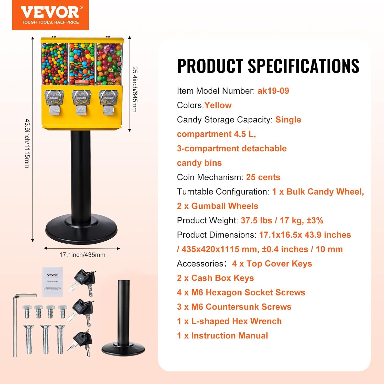 VEVOR Commercial Vending Machine, Triple Compartment Candy Dispenser with Iron Stand, Gumball and Candy Machine for Business, Coin Operated Gumball Bank for Toy Capsules Bouncy Balls Candy Nut, Yellow