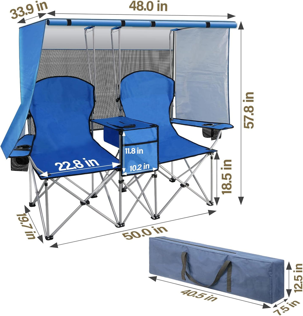 BESTHLS Double Camping Chair with Canopy Shade - Heavy Duty 600D Outdoor Loveseat for Adults, 2-Person Beach Chair with Umbrella, Folding Camp Loveseat for Fishing, Sports, Patio (Blue)