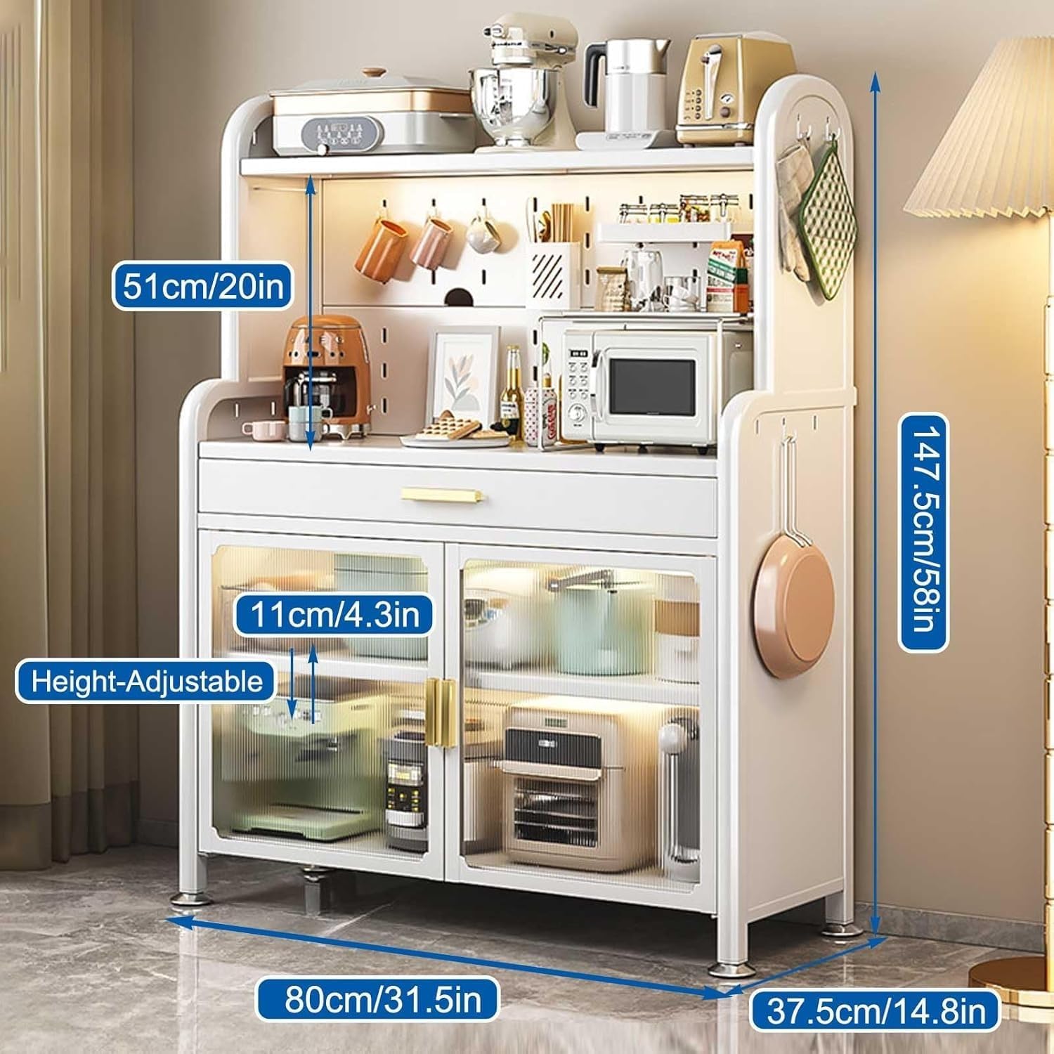 5 Tier White Bakers Rack with Adjustable Shelf Double Doors Drawer Kitchen Storage Stand for Microwave Coffee Bar Cabinet 147.5×80cm (White)