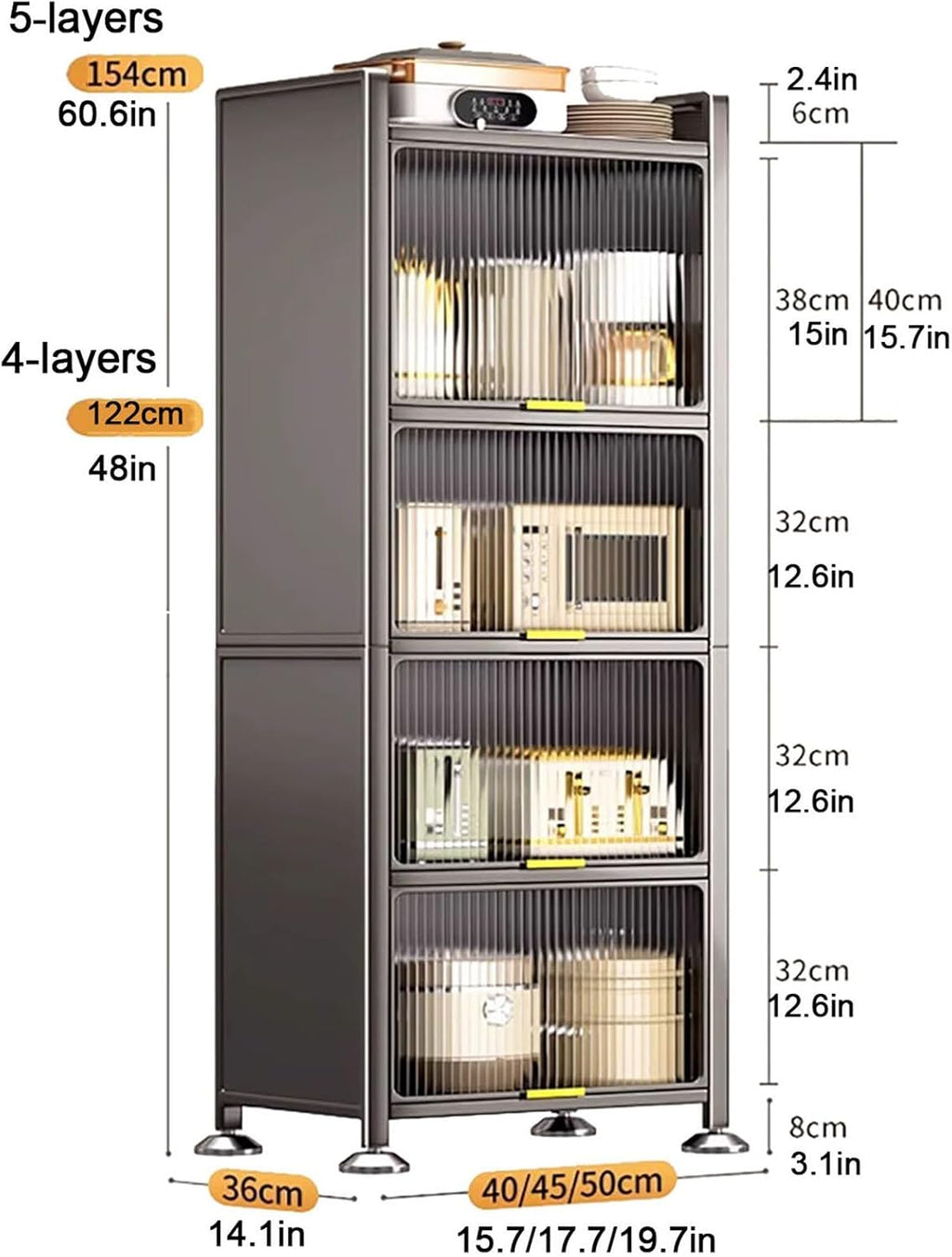 Coffee Bar Cabinet with Drawer, 4/5-Tier Microwave Stand, Kitchen Bakers Rack, Stylish Transparent Flip Door, Ideal for Dining Room Living Room,5,Layers,45cm/17.7in