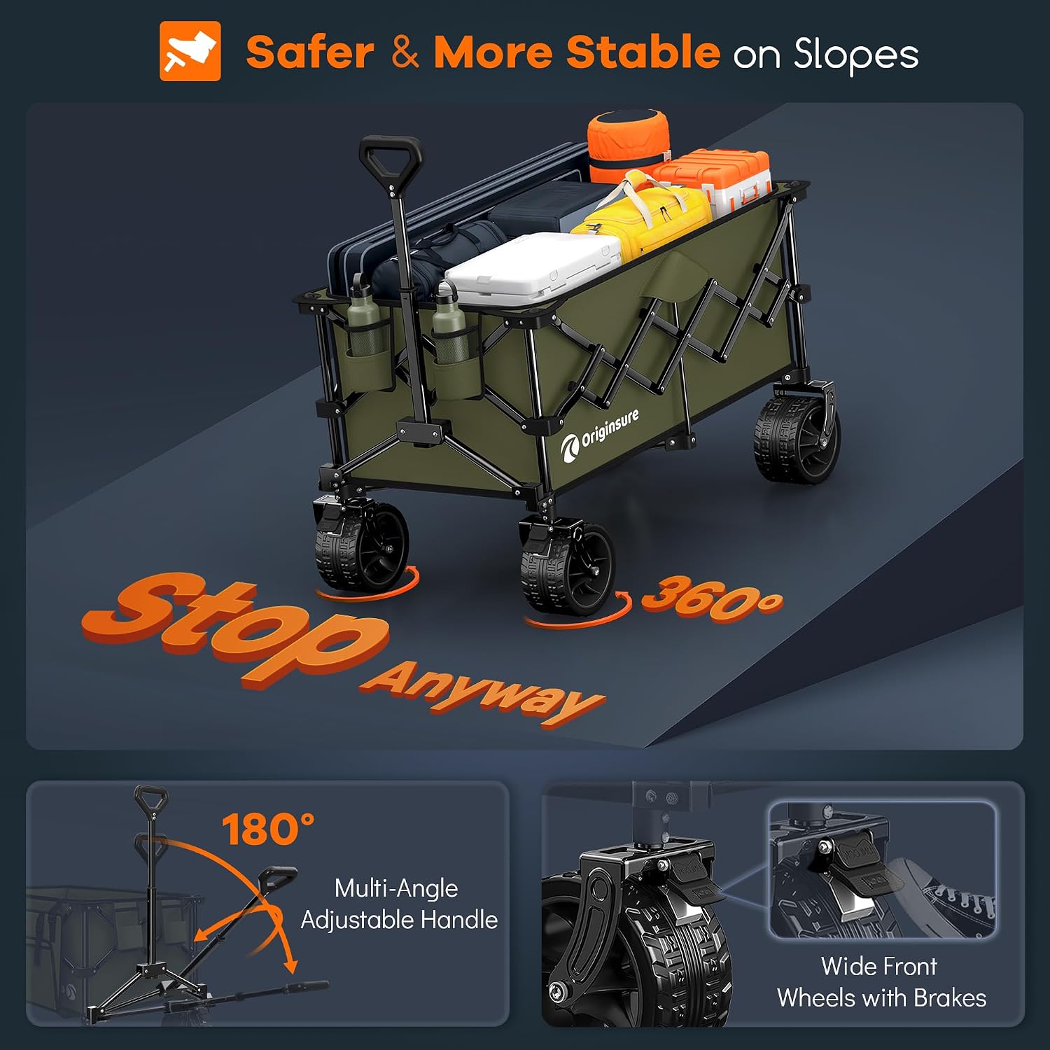 Originsure 220L Collapsible Wagon Cart Foldable, 460lbs Load Capacity Heavy Duty Folding Beach Wagons with Big All-Terrain Wheels, Utility Carts for Groceries, Shopping, Camping, Sports - Green
