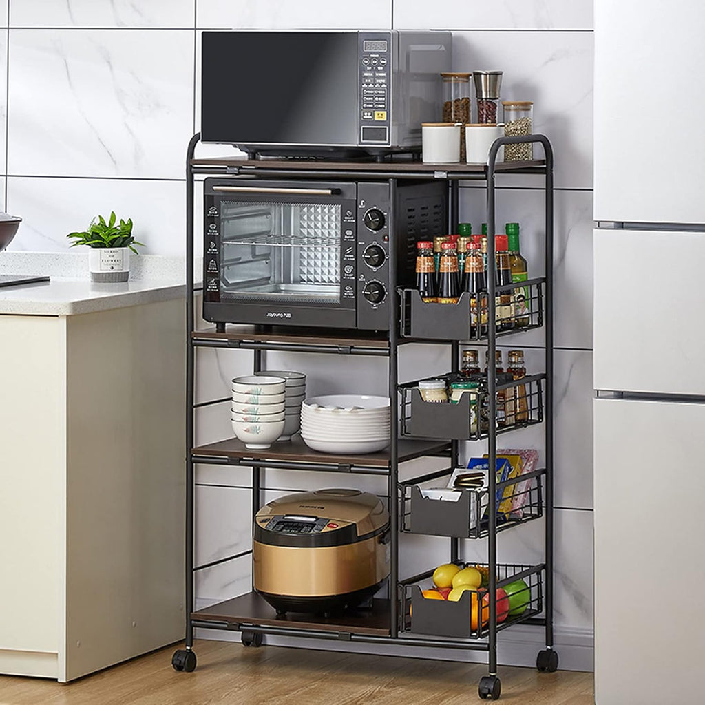Gdrasuya10 Kitchen Baker Rack, 4-Tier Free Standing Walnut Mobile Shelving Unit Organizer Trolley Cart with 4 Push-Pull Drawers Weight Capacity 100 lbs