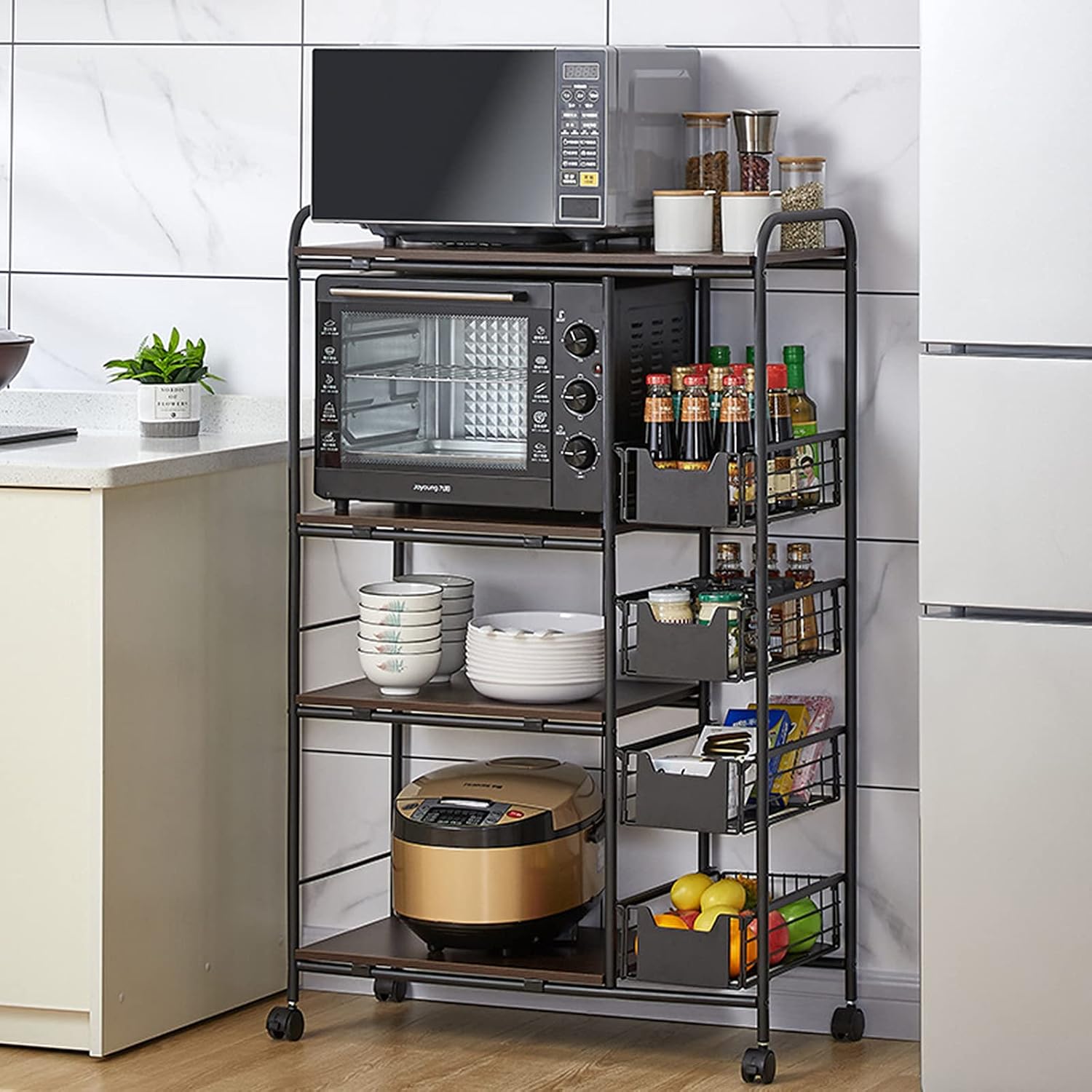 Gdrasuya10 Kitchen Baker Rack, 4-Tier Free Standing Walnut Mobile Shelving Unit Organizer Trolley Cart with 4 Push-Pull Drawers Weight Capacity 100 lbs