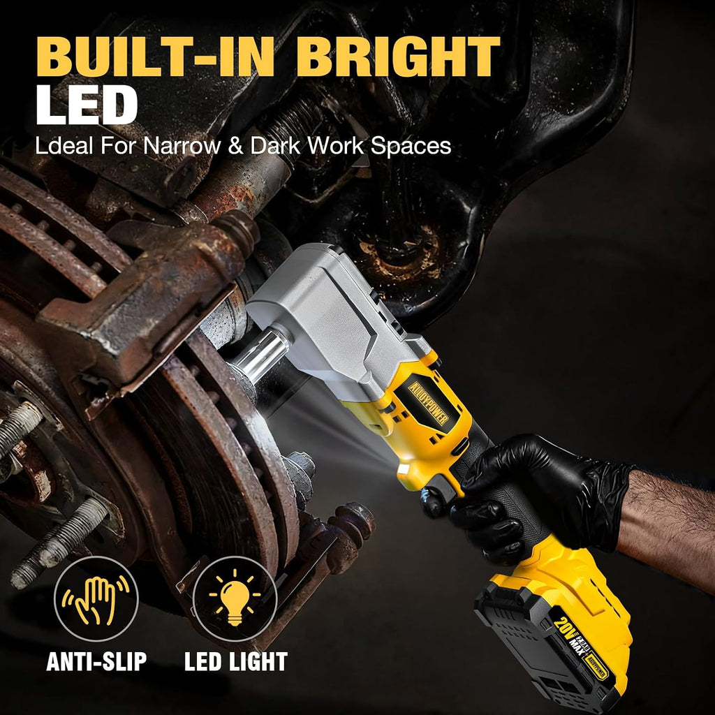 ALLOYPOWER 20V Brushless Right Angle Wrench, 207 Ft-lbs（280N.M）,1/2'' High Torque Cordless Power Tool with 2×2.0Ah Batteries, LED Light, 2-Speed Control, Compact 90° Design for Tight Spaces