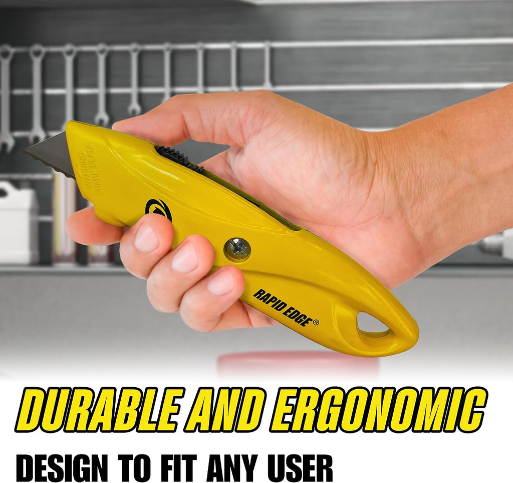 Rapid Edge Utility Knife, Heavy-Duty Safety Knife with Light, Includes Extra Serrated Utility Knife Blades, Made of Die-Cast Alloy Steel, Yellow, 12-Pack