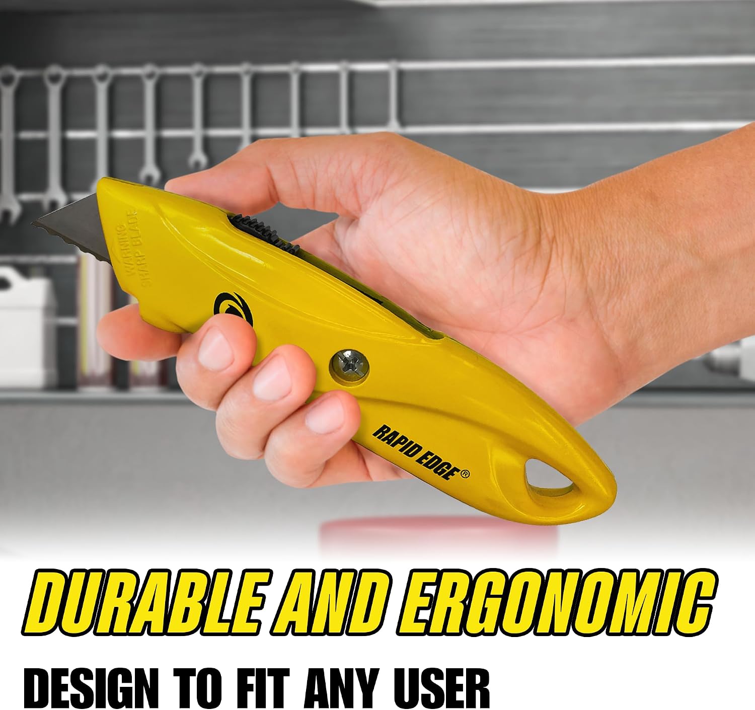 Rapid Edge Utility Knife, Heavy-Duty Safety Knife with Light, Includes Extra Serrated Utility Knife Blades, Made of Die-Cast Alloy Steel, Yellow, 12-Pack