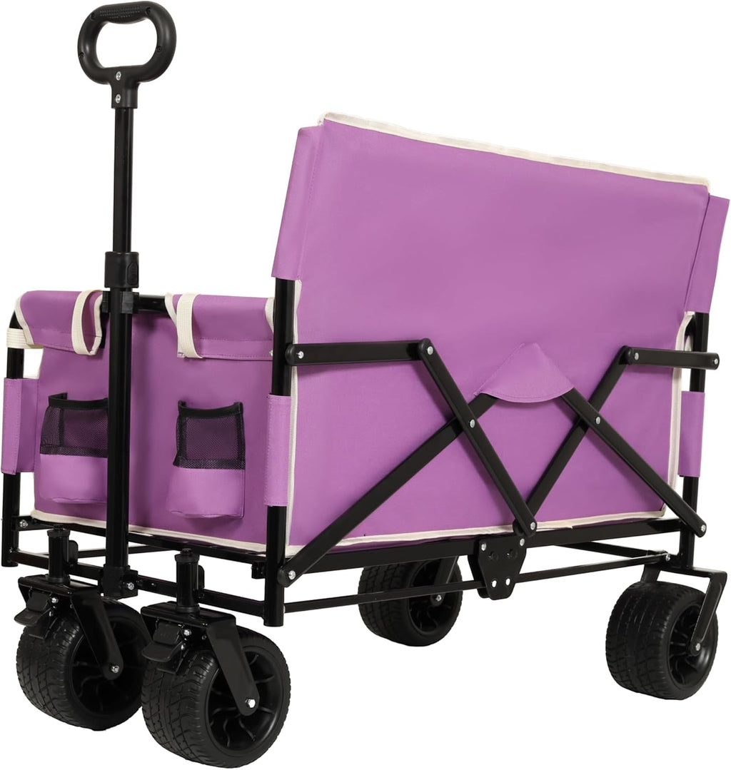 3-in-1 Heavy-Duty Folding Wagon Cart with Bench Seat & Storage – 500lbs Capacity, 180L All-Terrain Utility Cart, Collapsible Design for Camping, Beach, Sports, Garden (Purple)