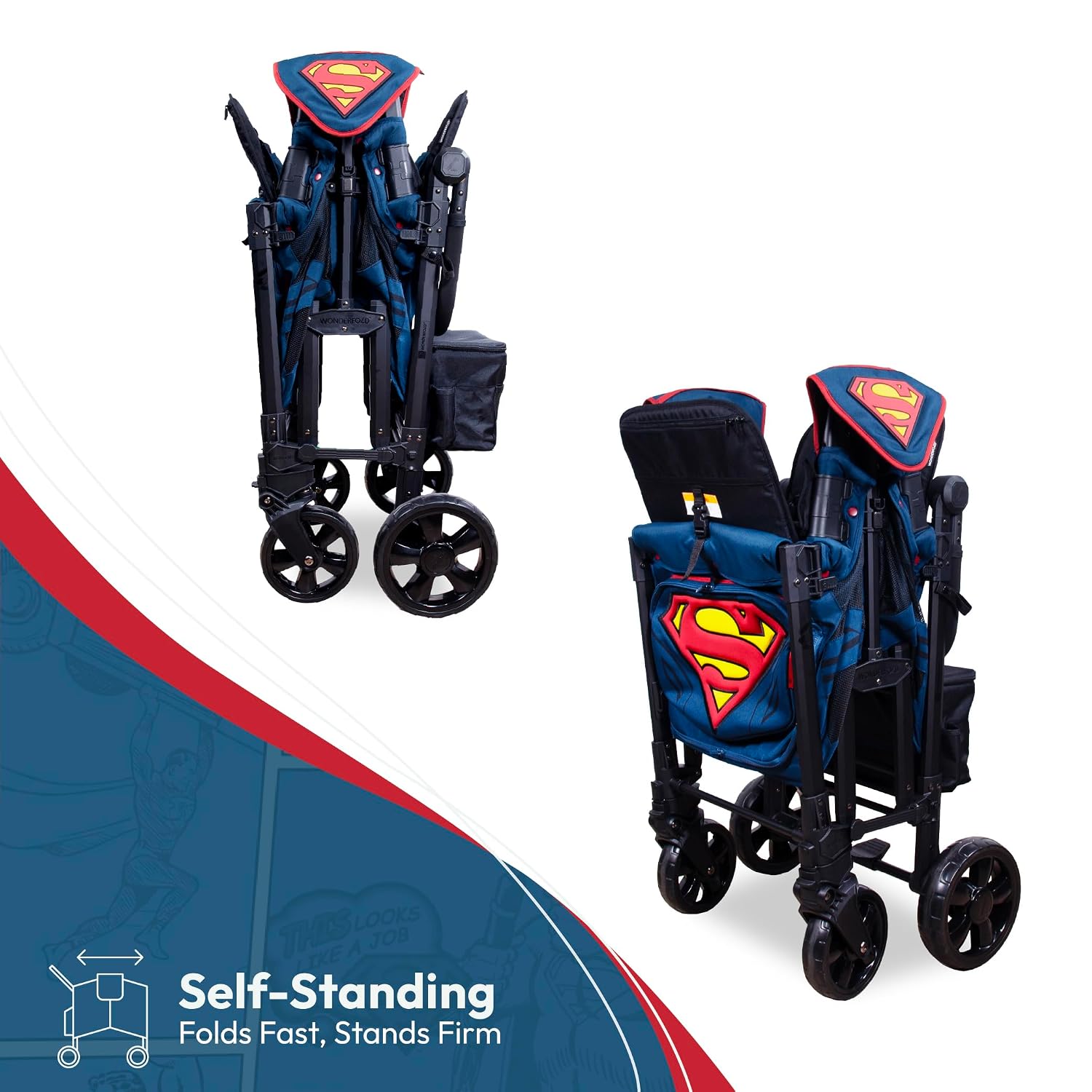 WONDERFOLD W2 Elite Pro Special Edition Superman Stroller Wagon (2 Seater) - Collapsible Wagon Stroller with Seats with 5-Point Harnesses, Easy Access Zipper Door, and Removable Sun Canopy