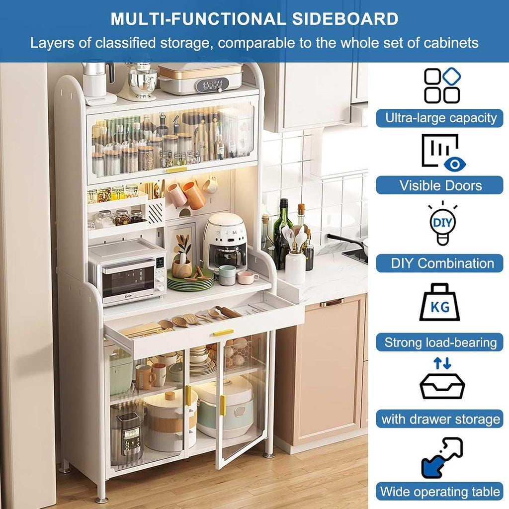 Modern 5 Tier Kitchen Bakers Rack with Adjustable Shelf Drawer & Cabinet Multifunctional Microwave Stand & Buffet Coffee Bar Pantry Storage Organizer in Black 179×80cm