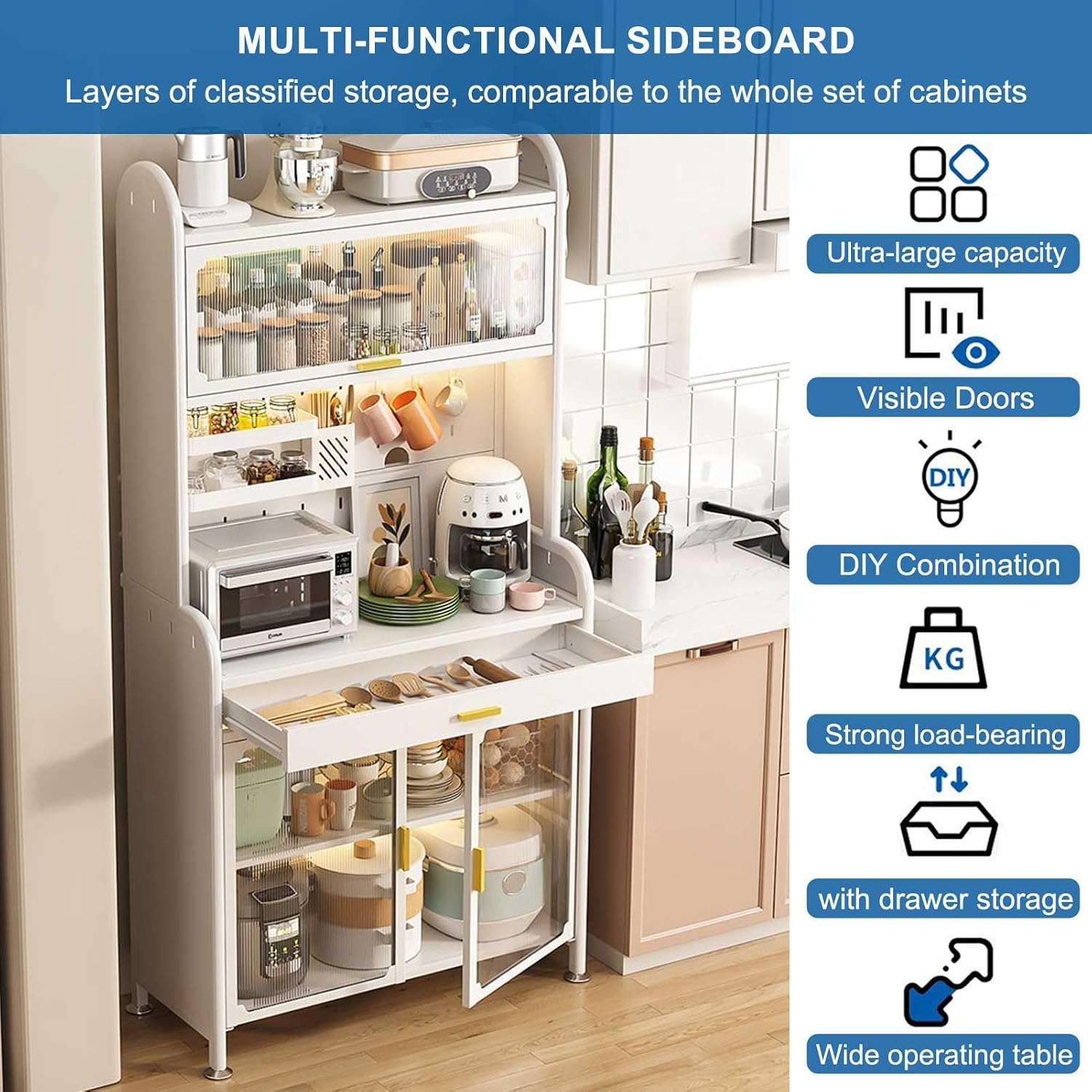 Generic Black,147.5×70cm/58×27.5in, Kitchen Baker's Rack with Adjustable Shelf, 5-Tier Microwave Stand with Drawer, Large Metal Storage Shelves for Garage Pantry Home Kitchen Spices, Pots, and Pans