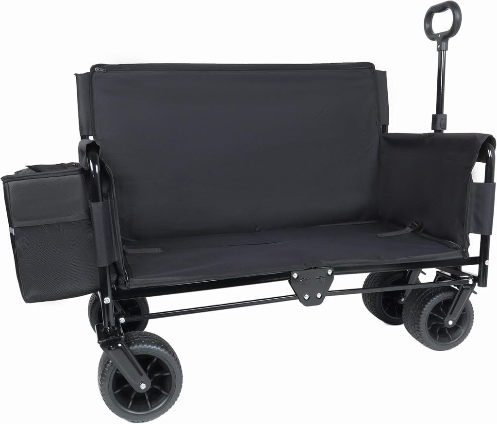 3 in 1 Convertible Folding Wagon Cart with Bench Seat Storage Includes 1 ice Pack, 500lbs Heavy Duty Utility Wagon, 180L Capacity All Terrain Wheels for Camping, Beach, Sports, Garden, Black