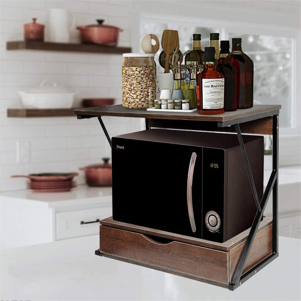Microwave Storage Rack 2-Tier Kitchen Baker's Rack, Microwave Oven Rack Kitchen Counter Storage Organizer, Wood Kitchen Shelf Rack with Drawer Stand/Wood Color (Brown),Brown