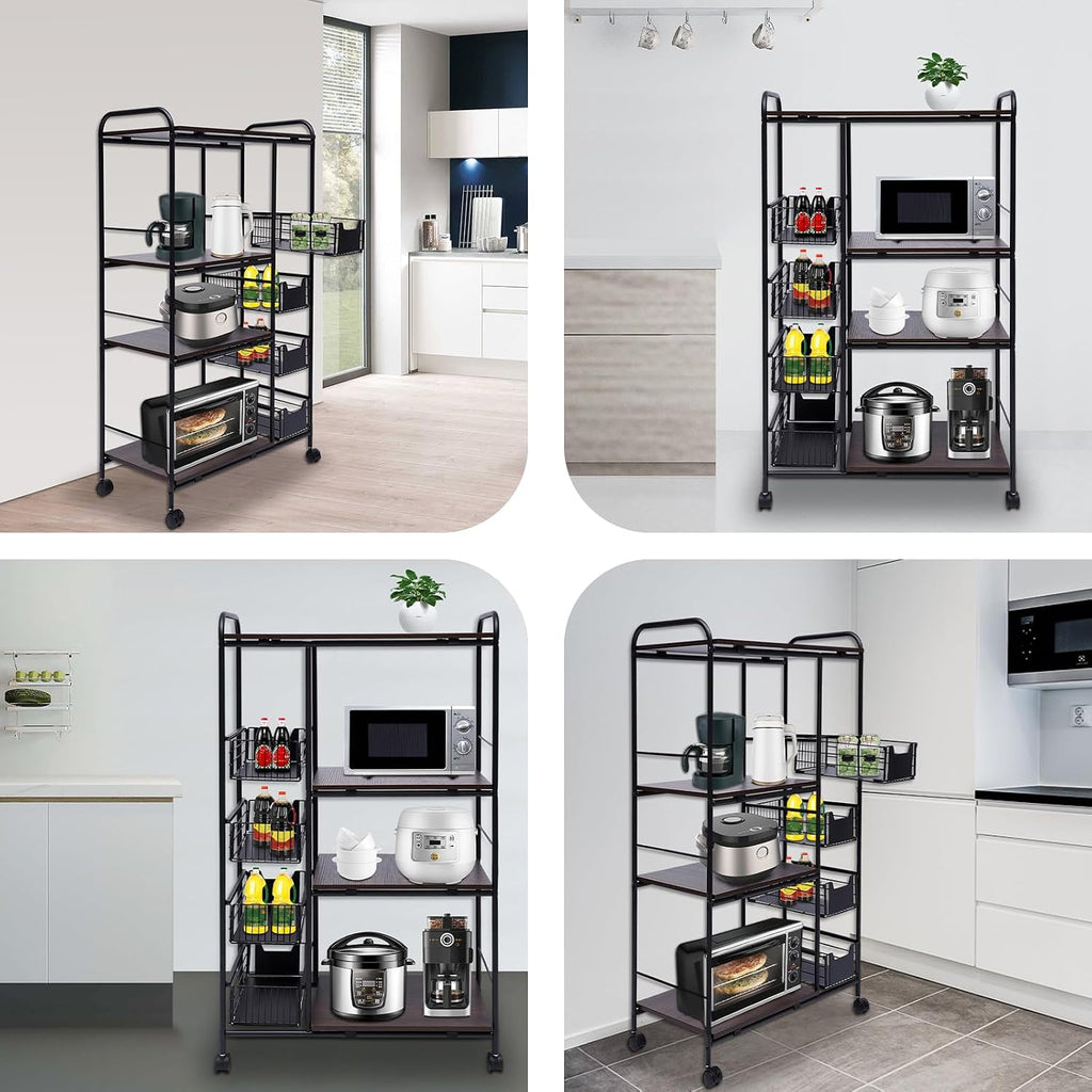 Rolling Microwave Cart,Inrial Metal Microwave Oven Stand,Kitchen Storage Rack,Cart,Serving Cart,Push-Pull Drawers,Bakers Rack,Kitchen Storage Cart,Storage Basket,for Pantry Bathroom Office Living Room