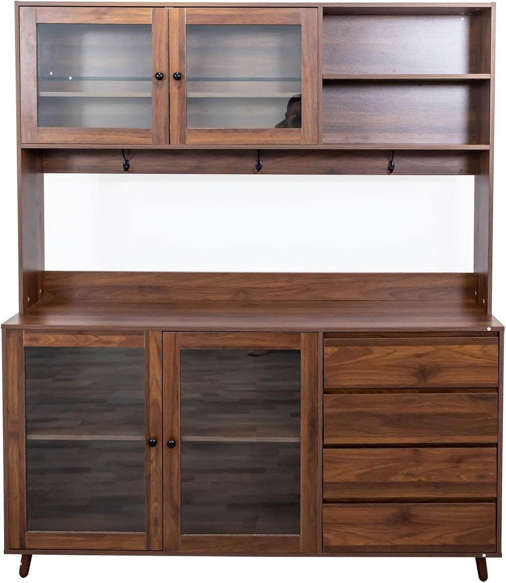 63' Kitchen Pantry Cabinet with Doors and Shelves, Freestanding Bakers Rack Coffee Station with 4 Drawers and Hooks for Kitchen Dining Room, Walnut