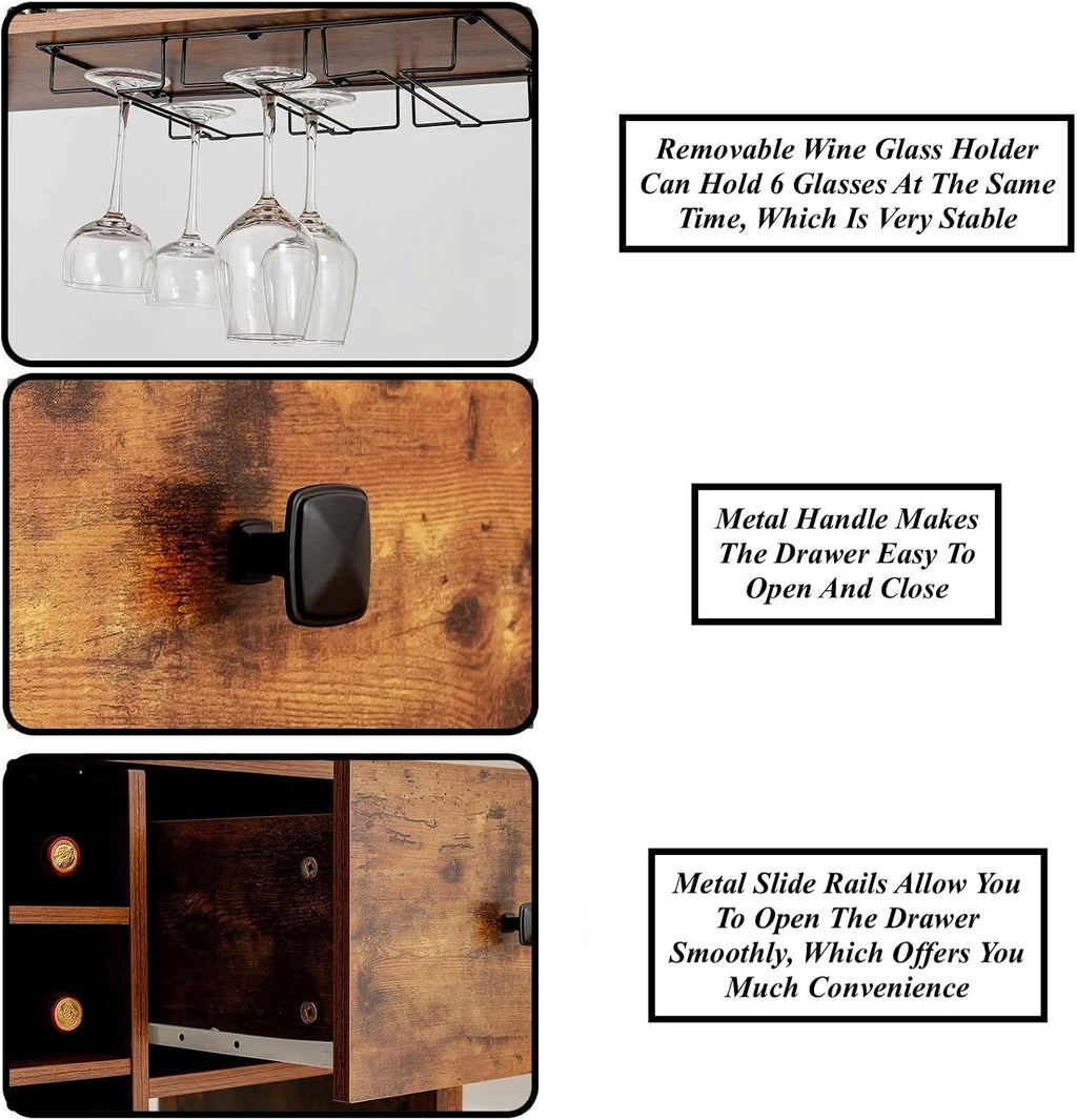 Kitchen Bakers Rack Pantry Microwave Stand Storage Cabinet Freestanding 18 Bottles Wine Rack with 6 Wine Glasses Holder Designed with 3 Tiers Shelf Drawer Bottom Open Compartment Anti-Toppling Design