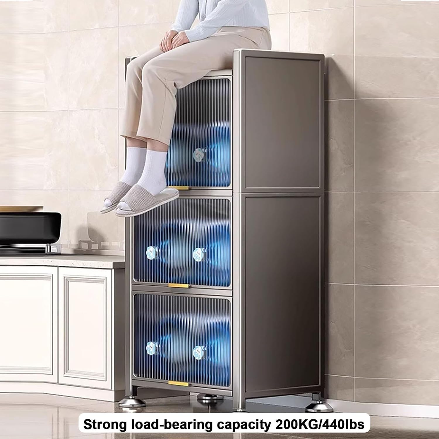 Coffee Bar Cabinet with Drawer, 4/5-Tier Microwave Stand, Kitchen Bakers Rack, Stylish Transparent Flip Door, Ideal for Dining Room Living Room,4,Layers,50cm/19.7in