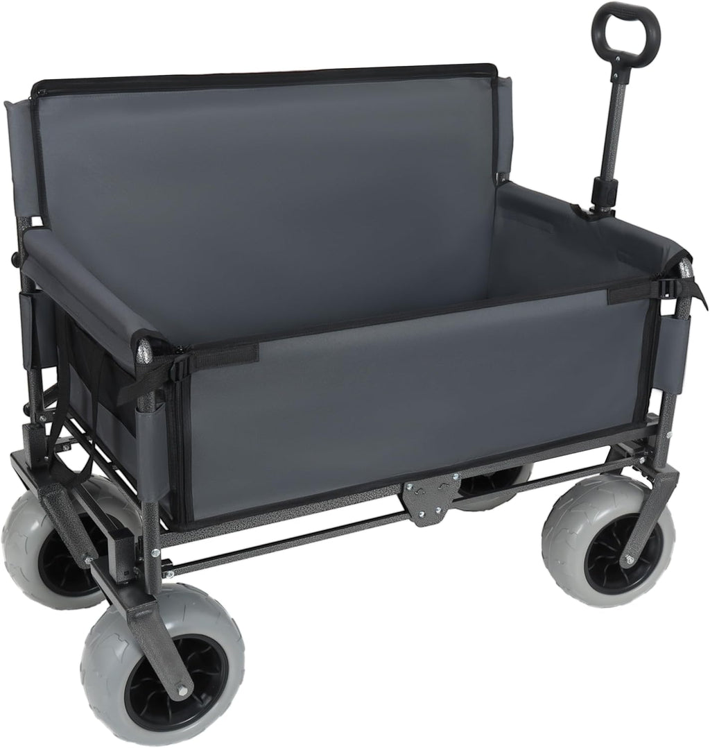 3-in-1 Heavy-Duty Folding Wagon Cart, 500lb Capacity, Bench Seat & 180L Storage, All-Terrain 360° Swivel Wheels, Perfect for Camping Beach Sports Garden Hauling (Gray)