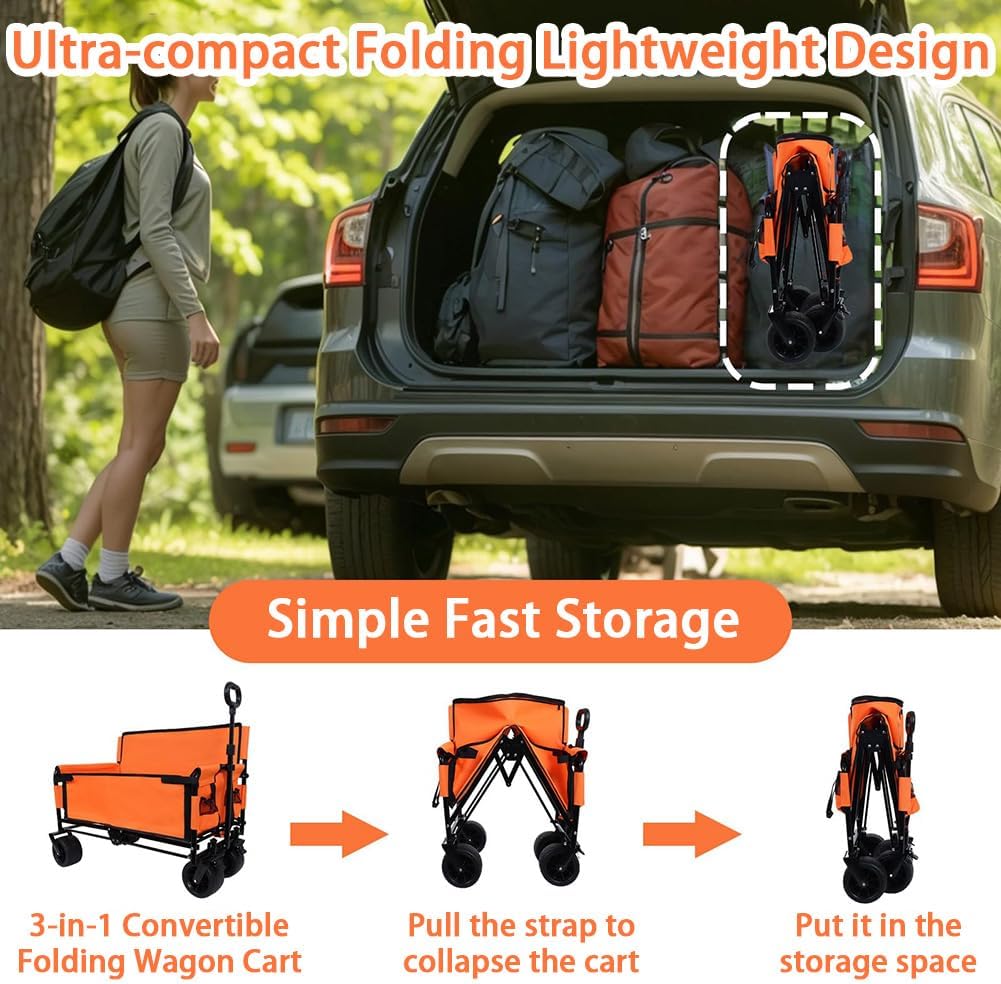 3-in-1 Convertible Folding Wagon Cart with Seat & Storage, 500lbs Heavy-Duty Utility Wagon, 180L Capacity, All-Terrain 360° Swivel Wheels for Camping, Beach, Sports, Garden (Orange)