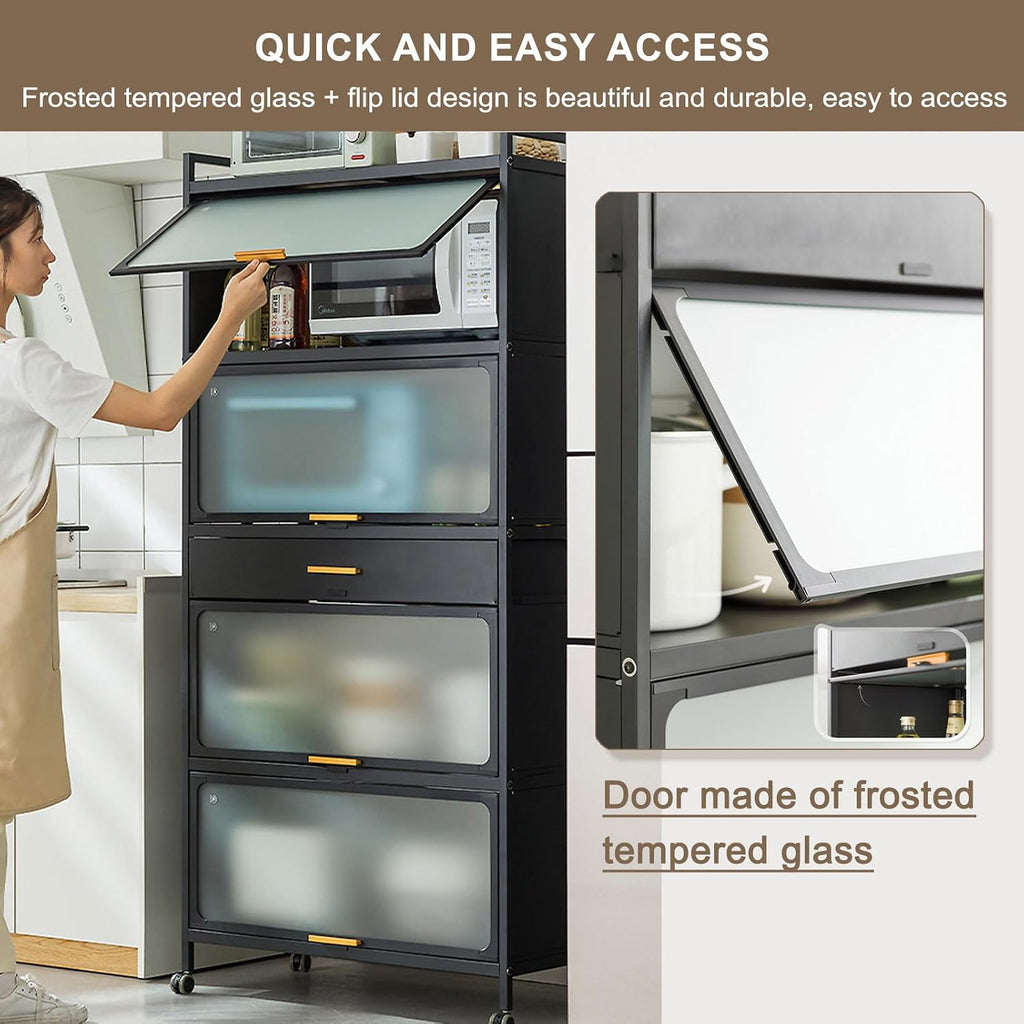 5 Tier Microwave Stand With Cabinet And Drawer For Kitchen Storage Standing Bakers Rack With Metal Shelves And Brakeable Casters Ideal For Kitchen Pantry Or Living Room O,Black,60×102cm/23.6×40in