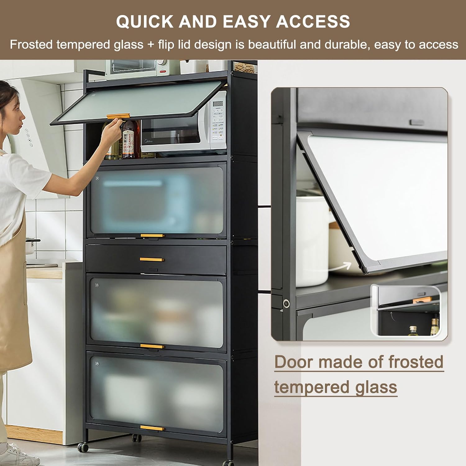 67' Kitchen Storage Cabinet, Microwave Stand, Metal Freestanding Kitchen Bakers Rack with Rolling Casters and Drawer, for Dining Room, Living Room and Study,Black,60×102cm/23.6×40in