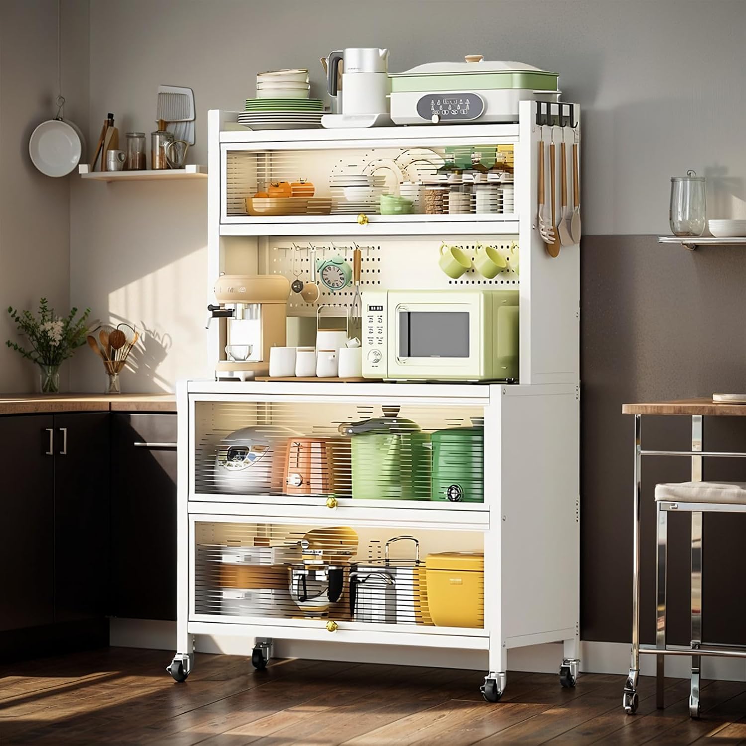 5 Tier Rolling Kitchen Bakers Rack with Locker Hole Board, 63.98x39.37x15.75inch Kitchen Pantry Cabinet Storage with Wheels Hooks, Farmhouse Coffee Bar Cabinet with Drawer Barn Doors