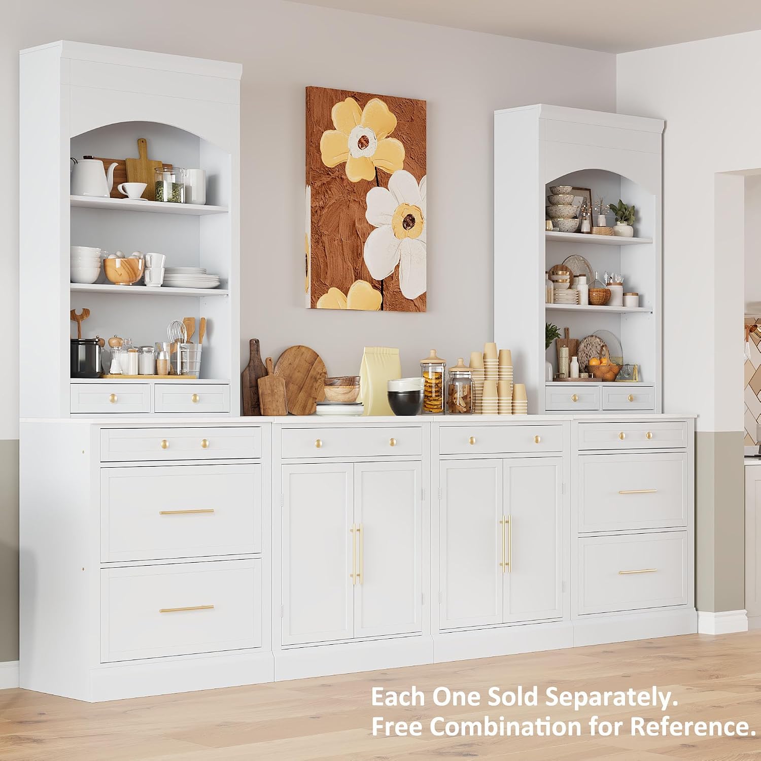 84' Modern Design Freestanding Storage Cabinet, Kitchen Storage Bakers Rack with Sturdy P2 MDF Frame, Utility Food Cupboard with 5 Storage Drawers for Kitchen/Dining Room/Living Space, White