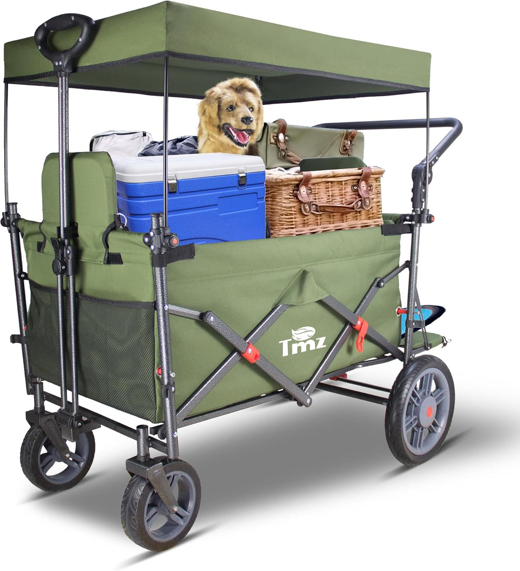 TMZ Collapsible Wagon with 2 Foldable Seats, Folding Cart with Removable Canopy, Heavy Duty Wagon 265LBS Load Capacity for Camping Garden Shopping (Green)