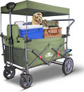TMZ Collapsible Wagon with 2 Foldable Seats, Folding Cart with Removable Canopy, Heavy Duty Wagon 265LBS Load Capacity for Camping Garden Shopping (Green)