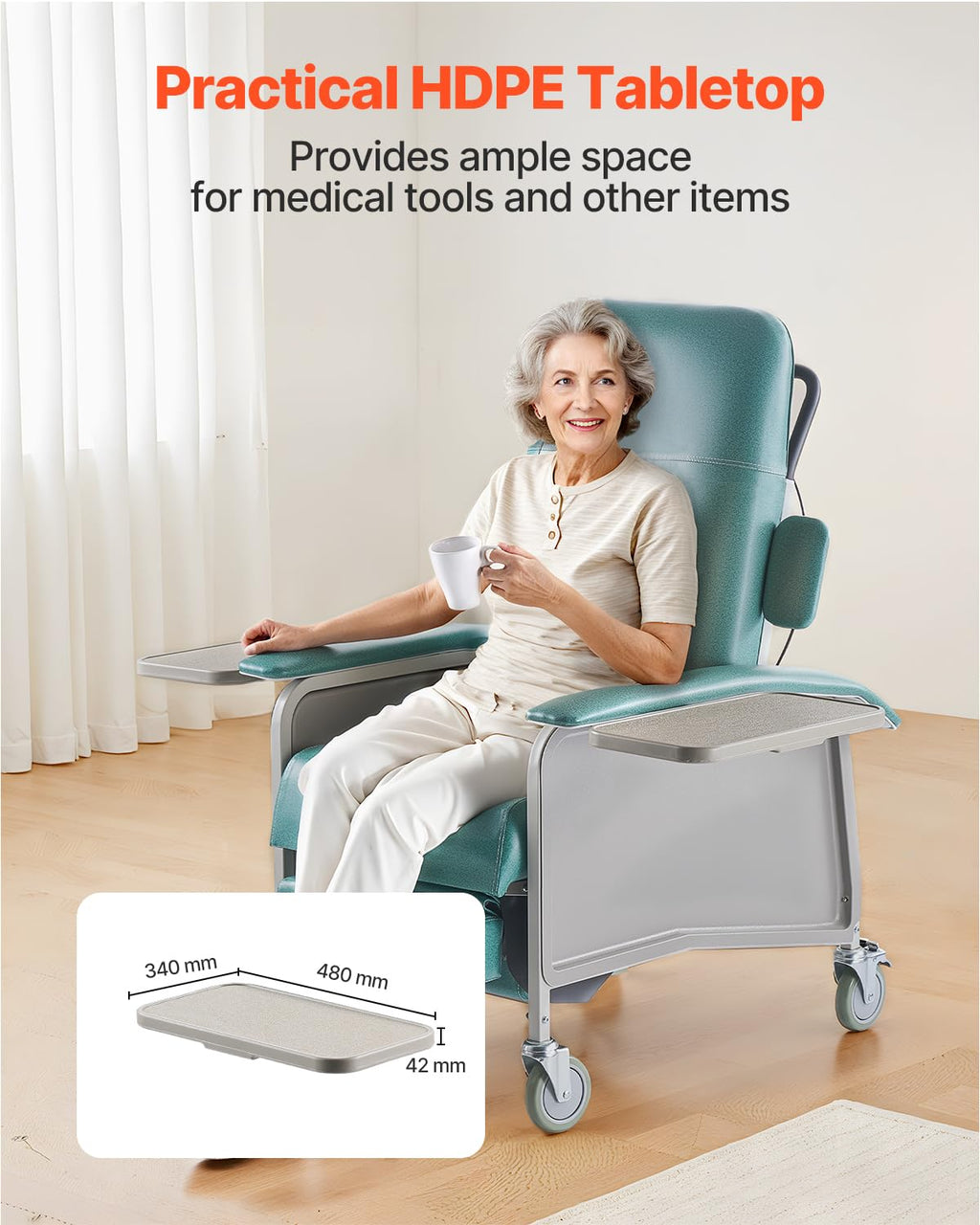 VEVOR Geri Chair Recliner, 4-Position Reclining Geri Chair with 2 Trays, 250 lbs Capacity Trendelenburg Medical Recliner Chair with 4 Wheels for Hospital, Nursing Home, Geriatric Home Care