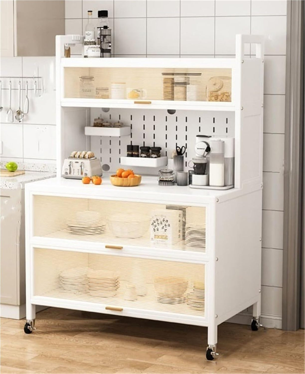 5-Tier Bakers Rack for Kitchen l Sideboard Baker's Storage Cabinet Multifunctional Microwave Stand with Accessories Storage Cabinets with Flip Door for Home practical(White,80 cm)