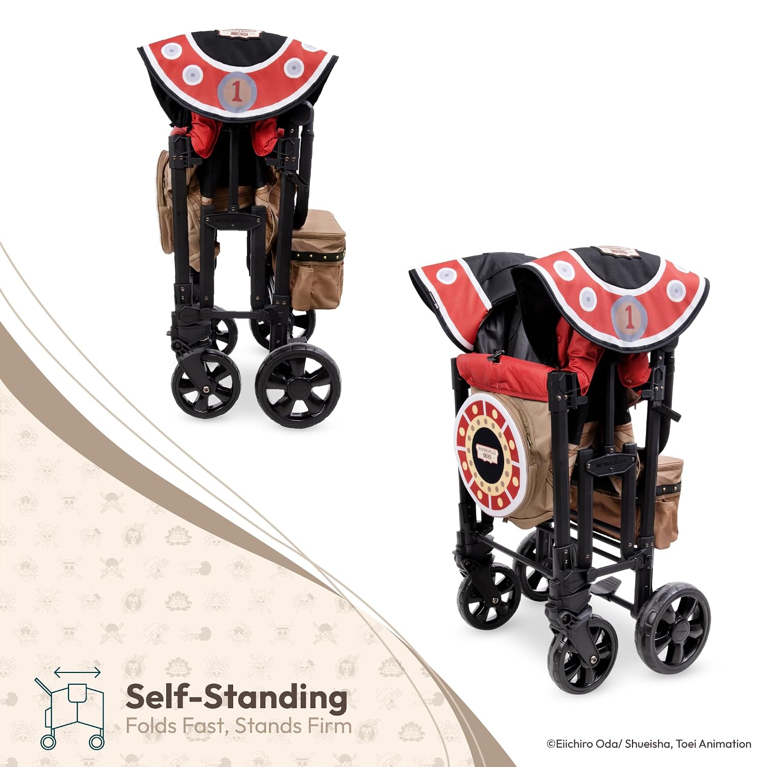 WONDERFOLD W2 Elite Pro Limited Edition ONE PIECE Thousand Sunny Stroller Wagon 2 Seater - Collapsible Wagon Stroller with Seats w/ 5-Point Harnesses, Easy Access Zipper Door, and Removable Sun Canopy