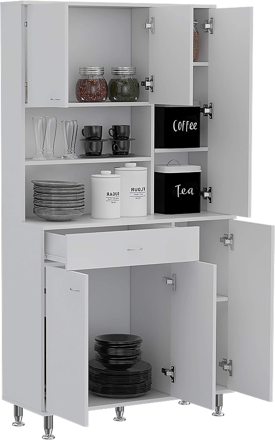 66' 10 Shelves & 1 Drawer Freestanding Storage Cabinet, Kitchen Storage Bakers Rack with 6 Covered Doors, Utility Food Cupboard for Home Kitchen Areas, White